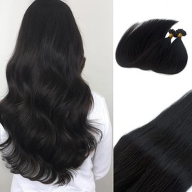 U Tip Hair Extensions Human Hair for Women,Natural Black U Tip Human Hair Extensions Silky Straight Utips Keratin Hair Extensions Human Hair Utip Remy Hair Extensions Pre Bonded 0.1g/s Total 50g