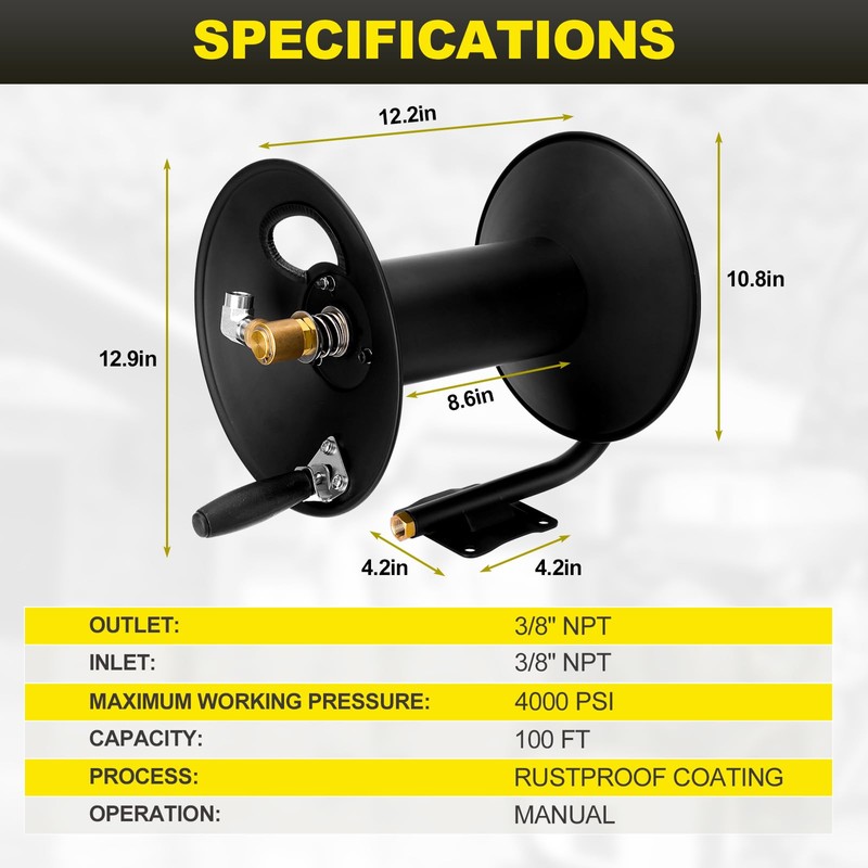 High Pressure Washer Hose Reel 100ft, 3/8" NPT with Swivel