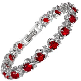 RIZILIA BLOSSOM Round Simulated Red Ruby and White Cubic Zirconia 18K White Gold Plated Tennis Bracelet, 7"