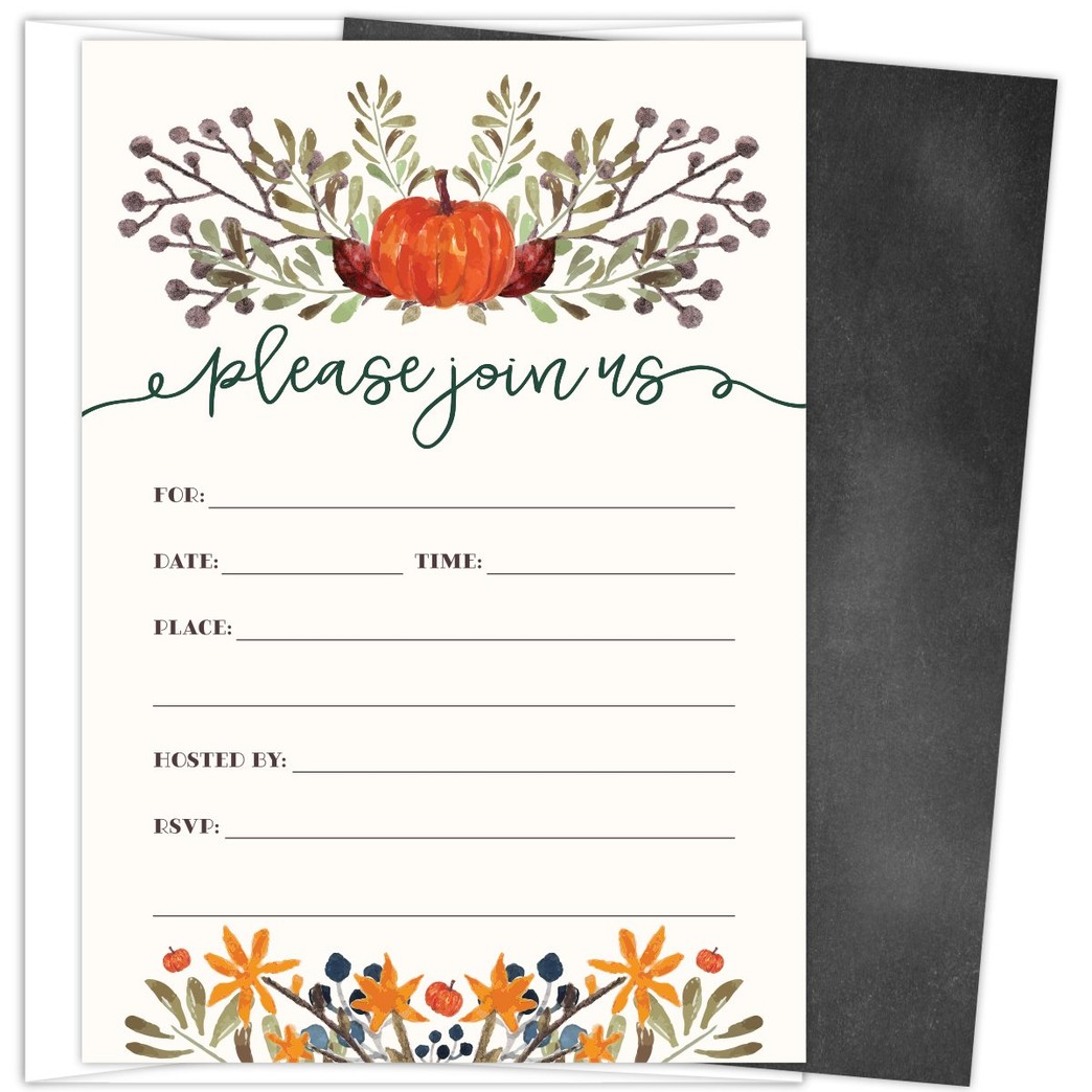 Rustic Fall Invitations in Autumn Colors with Pumpkin and Florals. 25 Fill In Style Cards and Envelopes for Thanksgiving, Harvest Party, Birthday, Engagement, Bridal and Baby Shower, or Any Occasions.