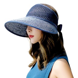 Bienvenu Sombrero de paja enrollable para niña, visera plegable para niños, sombrero de playa, Navy_big, Talla única