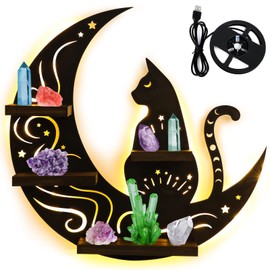 VAIPI Crystal Shelf Display Vintage Crystal Wall Shelf Wooden Floating Shelf Rustic Cat Moon Shelves Cute Trinket Shelf Pagan Crystal Holder Shelf Essential Oil Display Boho Decor