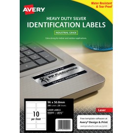 Avery L6012-20 Heavy Duty Weatherproof Labels (A4 Sheets of 96 x 50.8 mm, 10 Labels per Sheet, 20 Sheets) - Silver