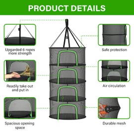 iPower Herb Drying Rack 4-Layer 2-Feet Hanging Mesh Net Dryer Collapsible with U-Shape Zippers, Pothook, Carabiner and Storage Pouch, for Hydroponics Flowers, Buds, Fruits, Seafoods, Clothes