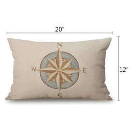 Nautical Compass Pillow Covers 12" x 20" Lumbar Pillow Covers Home Decorative Cotton Linen Cushion Case for Sofa Couch Housewarming Gifts Family Room Décor