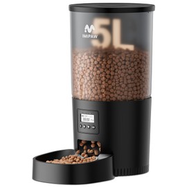 IMIPAW Automatic Cat Feeders, 5L Large Capacity, Timed Feeding Dry Food, Dual Power Design, Programmable Portion Size, 1-6 Meals Per Day, with Desiccant, Suitable for Small Pets Food Dispenser, Black