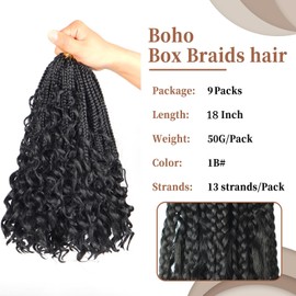 Goddess Bohemian Box Braids Crochet Hair with Curly Ends, boho box braids crochet hair 9 Packs Synthetic Braiding Hair Extensions for Black Women (1B, 18 Inch (Pack of 9))
