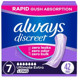 Always Discreet Adult Incontinence Pads for Women, Ultimate Extra Absorbency, Long Length, Postpartum Pads, 42 Count