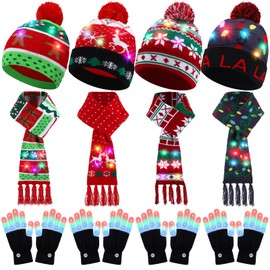 Ramede 12 Pcs LED Light up Christmas Hat Set Xmas Light up Beanie and Scarf Gloves Set for Christmas Holiday Party (Stylish)