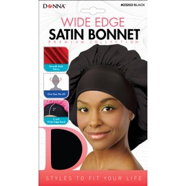 DONNA Wide Edge Satin Bonnet, Silk Bonnet for Sleeping, Jumbo Hair Bonnets for Sleeping Black Curly Women, Satin Bonnet for Sleeping, Shower Cap for Women, Bonnet with Comfortable 3" Head Band BLACK