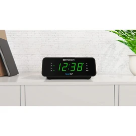 Emerson CKS1900 SmartSet Dual Alarm Clock Radio with AM/FM Digital Tuning, Auto Time Setting, 20 Presets, Jade Green LED Display, Snooze, Sleep Timer & Battery Backup