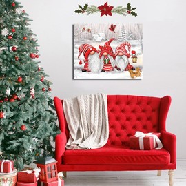 TYPTEK Winter Gnome Fantasy Canvas Wall Art Christmas Snow Scene Decor with Three Gnomes, Two Squirrels, and Three Birds for Living Room 16x20 inch