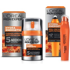 L'Oréal Paris Men Expert Kit Hydra Energetic Crema para Hombre y Roll-on Anti Ojeras con Extracto de Vitamina C y Guarana