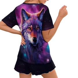 HELLHERO Galaxy Wolf Pajamas Set for Women Summer Short Sleeve with Shorts Two Piece Pjs Set Loungewear Sleepwear Home Night Clothes Holiday Party Clothes 2X