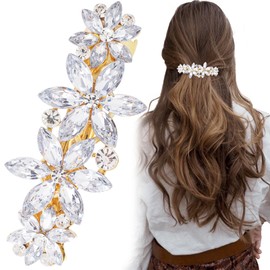 Joez Wonderful Rhinestone Hair Clip Sparkly Crystal Barrettes French Wedding Prom Engagement Pageant First Communion Hair Decorative Accessories for Women Bride Thick Long Hair (Silver Flower, 1 Pcs)