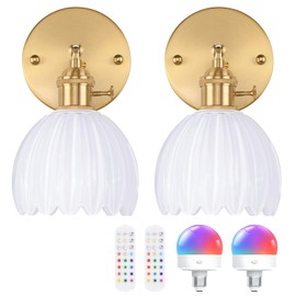 Shenmoyl Vintage Battery Operated Wall Sconce with Cute White Tulip Glass Lampshade Wireless Rechargeable Battery Powered Wall Light with Remote Control for Bedside Bedroom Doorway, Set of 2