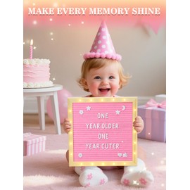 Changeable Felt Letter Board with LED Lights - 10×10" Message Custom Signs & Wood Stand & 450 Letters, Poster Board for Christmas/Pregnancy/Baby Announcement/Baby Shower/Wall Decor Gifts, Pink