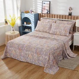 FADFAY Elegant Paisley Sheets Set King Shabby Floral Bedding Classical Gold Paisley Bed Sheet Set Breathable 100% Percale Cotton Ultra Soft Bed Sheets with Deep Pocket Fitted Sheet 4Pcs, King Size