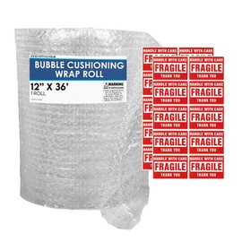 Innovative Haus 1 rollo de 12 pulgadas x 36 pies de espuma de burbujas pequeñas. Perforado cada 12 pulgadas. Incluye 20 etiquetas adhesivas frágiles para empaquetar cajas de mudanza y suministros de envío.