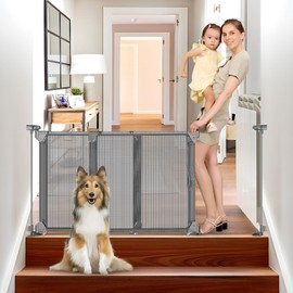 No Screw Adjustable Dog Gates for Doorways Fully Open Sliding 32"-55" Wide No Drilling Mesh Pet Gate Indoor Expandable Baby Gate 28 Inch Tall Step Over Baby Gate for Dog Indoor Swing Child Gate (Gray)
