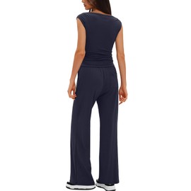 Darong Womens 2 Piece Outfits Trendy Summer Sets Sleeveless Top And Wide Leg Pants 2025 Casual Lounge Set Tracksuit 9109A Dark Blue L