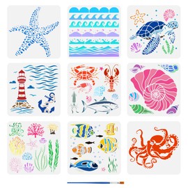 FINGERINSPIRE 9 Pcs Summer Ocean Painting Stencil with Brush 30x30cm Sea Waves Drawing Template Fish Shells Lighthouse Turtle Octopus Corals Stencil for Painting on Wood Wall Fabric Furniture