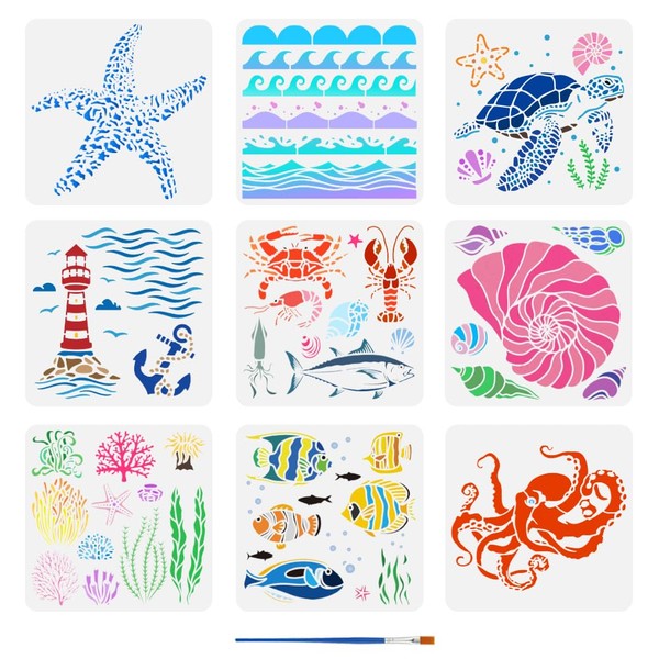 FINGERINSPIRE 9 Pcs Summer Ocean Painting Stencil with Brush 30x30cm
