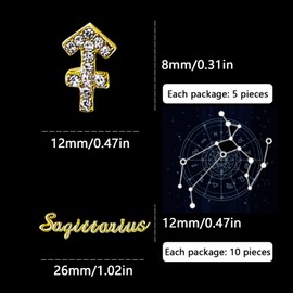 MOLILON 15pcs 3d Gold Sagittarius Nail Charms 5pcs Zodiac Signs and 10pcs Zodiac Letter Nail Studs Rhinestones Crystal Alloy Twelve Constellation Charms for DIY Crafts Jewelry Decoration Nail Supplies
