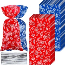 Sumind 100 Pieces Western Cowboy Theme Goodie Bags Plastic Party Favor Bandana Cellophane Candy Bags Treat Gift Bag Red Blue Packaging with 100 Silver Twist Ties for Cowboy Birthday Party Supplies
