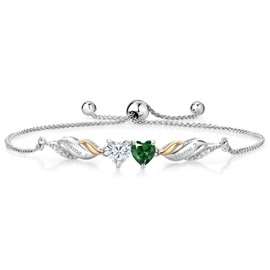 Gem Stone King 925 Silver and 10K Yellow Gold Green Nano Emerald White Moissanite and Lab Grown Diamond Name Engraved Tennis Bracelet For Women (0.94 Cttw, Fully Adjustable Up to 9 Inch)