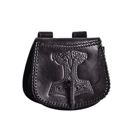 Battle-Merchant Medieval Belt Bag with Various Embossing Leather Bum Bag for Men and Women in Brown/Black Viking Reenactment Leather Case for Belt, black, Additional pocket