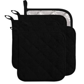 5Pcs Terry Cloth Pot Holders for Kitchen Heat Resistant, 7 x 7 Inch Insulated Oven Square Hot Pads, Potholders Sets for Kitchen Cooking and Baking (Black)