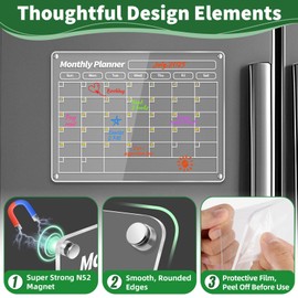 FINDMAG Acrylic Magnetic Dry Erase Board Calendar for Fridge, Magnet Calendar for Fridge, Set of 4 Transparent Planning Boards for Monthly Weekly Daily Meal Menu Planner White Board