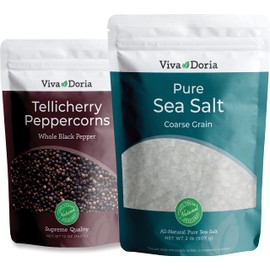 Viva Doria Tellicherry Black Peppercorns, Whole Black Pepper, Black Peppercorn, 12 Oz and Pure Sea Salt, Coarse Grain, 2 lb, For Grinder Refills, 2 Piece Set