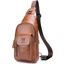 BULLCAPTAIN Mens Leather Crossbody Bag Shoulder Sling Bag Casual Daypacks Chest Bags for Travel Hiking Backpacks (Brown)