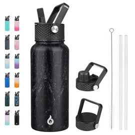 BJPKPK Insulated Water Bottles with Straw Lid, 32oz Metal Large Water Bottle with 3 Lids, Reusable Leak Proof BPA Free Thermo, Stainless Steel Tumblers for Sports, Gym, Travel-Midnight