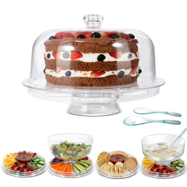 MASTERTOP Cake Stand with Dome Cover - 6 in 1 Multi-Functional Serving Platter/Cake Plate/Salad Bowl/Nachos/Punch Bowl, Wedding Cake Stands for Dessert Table,2 pcs Spoons, BPA Free (Acrylic)
