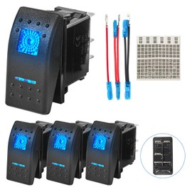Anina 4PCS Rocker Switch 5Pin SPST 20A/12V 10A/24V ON/Off with Night Glow Sticker & Jumper Wire, Blue LED Light Waterproof Boat Marine Toggle Switch 2 Positions for Truck Motorcycle ATV UTV RV Camper