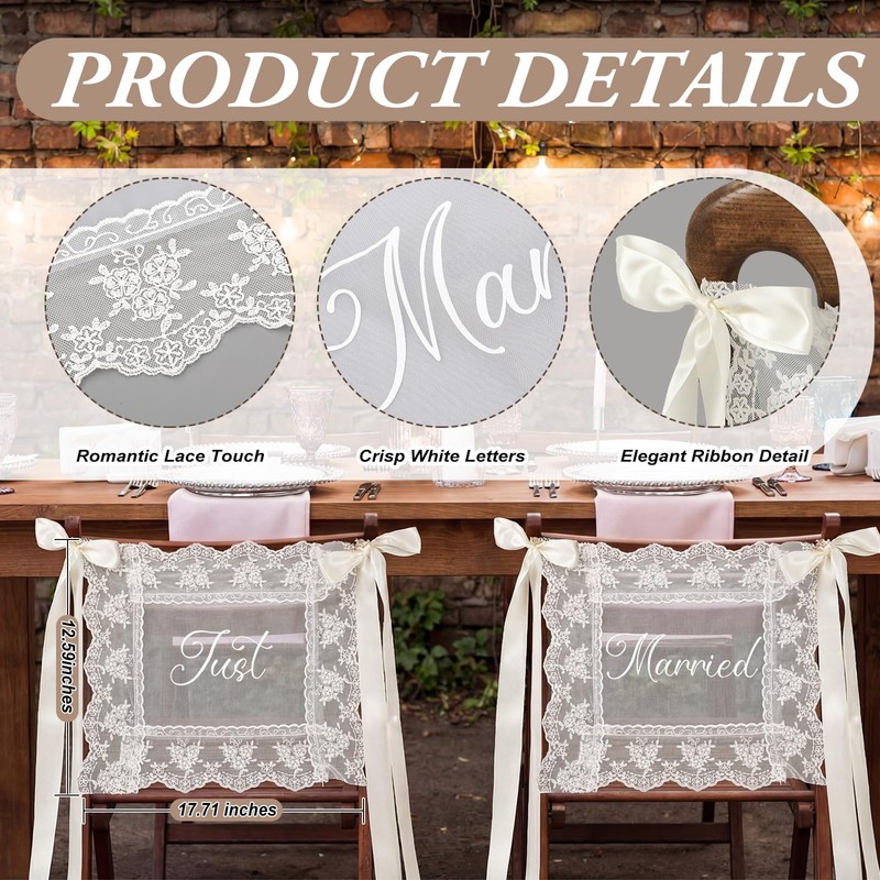 Breling 2 Pcs Lace Just Married Wedding Chair Signs Sweetheart