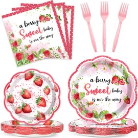Qyeahkj 100 Pcs Strawberry Baby Shower Party Plates Napkins Forks Supplies Set Sweet Berry Tableware Party Supplies A Berry Sweet Baby Is On The Way Strawberry Dinnerware Decorations Favors Serve 25