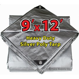 Heavy Duty 14 by 14 Cross Weave 10 Mil Silver Poly Tarp with Grommets Approx Every 24 Inches All Around, Corner Solid Plastic Bar Reinforcement for Extra Strength (9'x12')