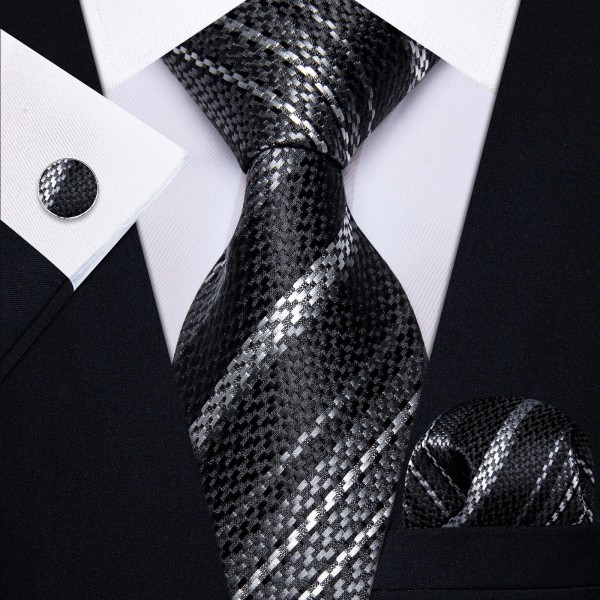 Barry Wang Black Grey Fashion Mens Tie Striped Necktie Handkerchief