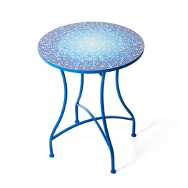 Glitzhome 28" H Outdoor Folding Bistro Table, Metal Round Outdoor Side Table with Ceramic Tile Top, Metal Accent Table End Table Patio Table for Porch Beach Garden Balcony Poolside, Blue