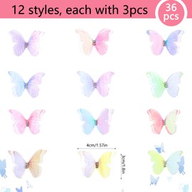 salbsever 36 Pieces Organza Fabric Butterfly, 3D Butterflies Decoration, Translucent Chiffon Butterfly for DIY Decoration, Scrapbooking, Luggage, Wall and Window Hair Clip Decoration