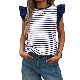 Mieazom Women's Ruffle Cap Short Sleeve Striped T Shirts Summer Casual Loose Fit Top Basic Tee Tunic Tops Navy S