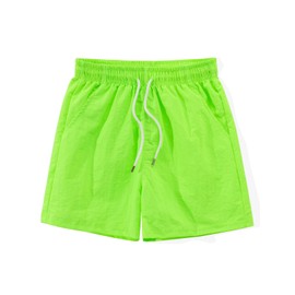 Spring&Gege Boys Nylon Shorts Quick Dry Lightweight Beach Sports Shorts Pull-On Elastic Waist Drawstring, Neon Green, Size 7-8 Years