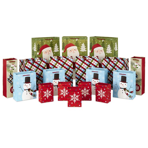 Hallmark Bulk Christmas Gift Bags Assorted Sizes (18 Gift Bags: 5 Small 5", 4 Medium 8", 4 Large 11", 3 XL 14", 2 Bottle Bags) Santa, Snowman, Plaid, Snowflake, Bottle Bags
