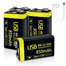 LDSMNLI 9V Rechargeable Lithium Batteries, 850mAh 9 Volt Rechargeable Battery with USB-C Charging Cable, 500 Cycles 6F22 Batteries for Electric Guitar, Smoke Alarms (4 Pack)