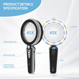 HUIBOER 45X Magnifying Glass with Light, 3 Color Modes, 1200mAh USB Rechargeable Large Handheld Magnifier for Seniors Reading, Checking, Jewelry, Coins, Exploring - Black