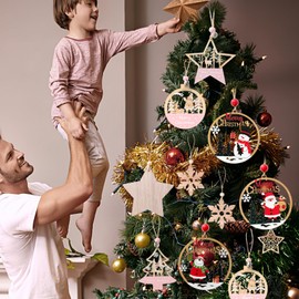 Wooden Fun Christmas Ornaments,Family DIY Christmas Tree Ornaments、22-Pcs Snowflake、Star、Santa Claus Christmas Pendant，2024 Welcome Hanging tag